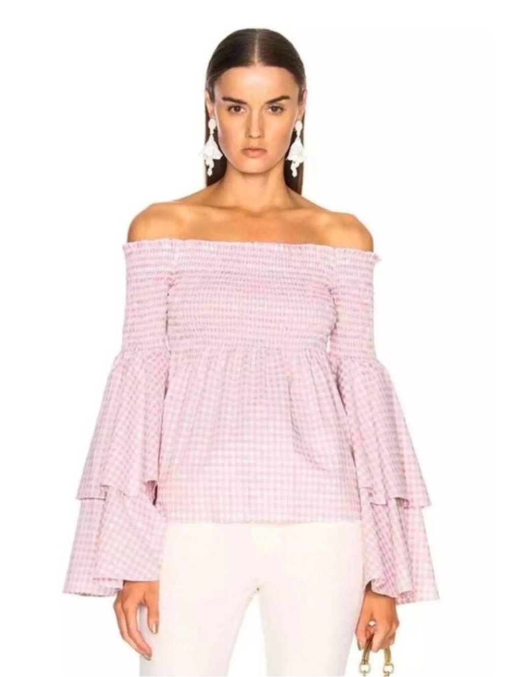 Caroline Constas Pink Gingham Off-Shoulder Bell-Sleeve Top